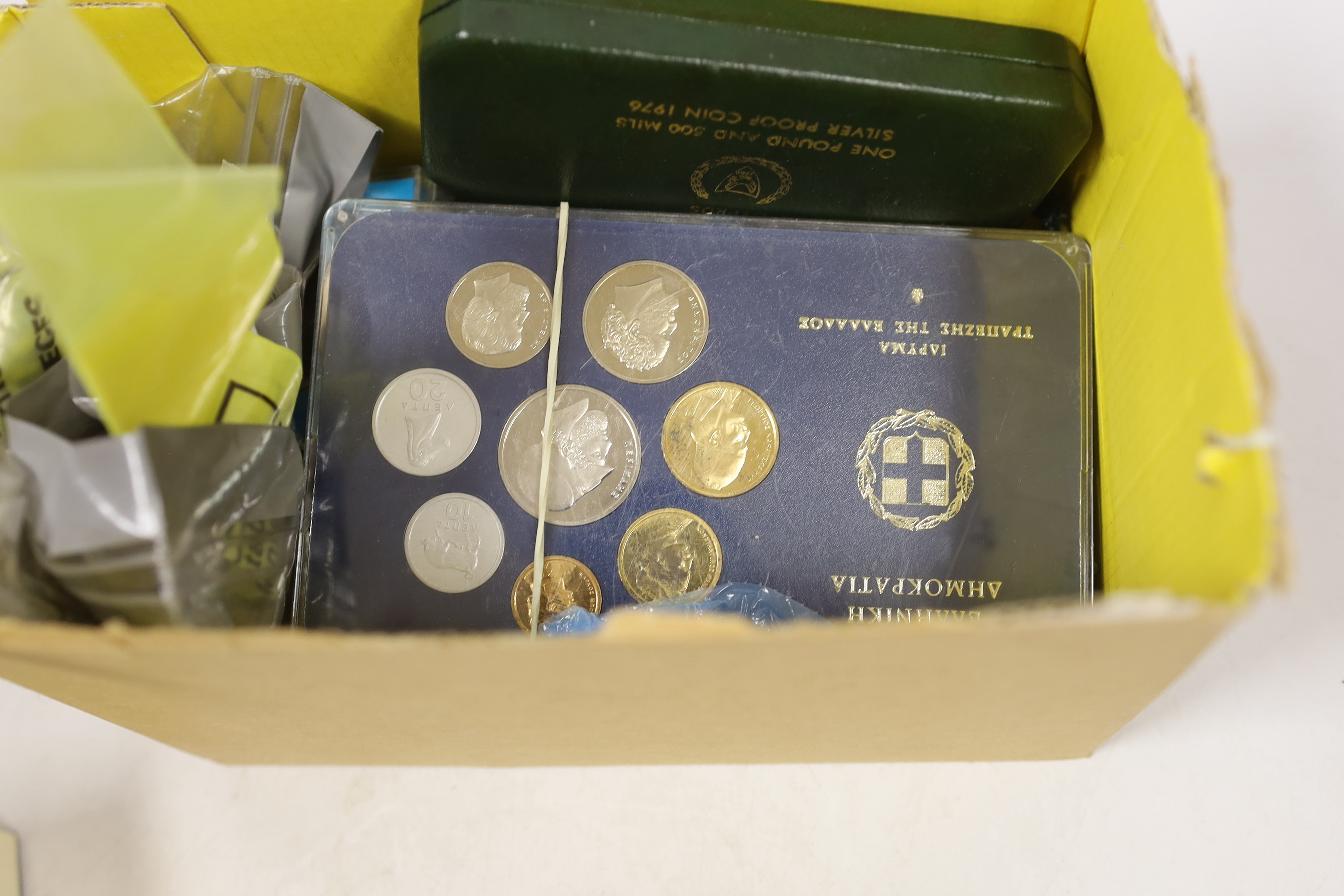 British and world coins, including Cyprus forty five piastres 1928, about EF, Cyprus silver proof £1 and 500 mils coins, 1976, UK commemorative coins and medals, US, Greece, etc..